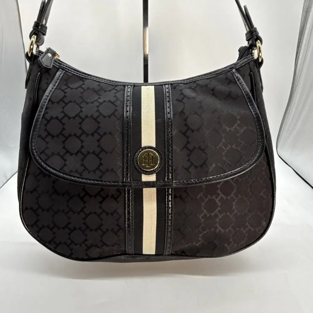 Tommy Hilfiger Black Shoulder Bag Gold Hardware Logo Stud Stripe Accent Snap Zip